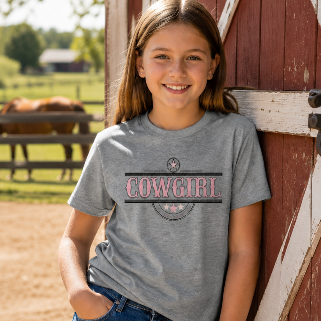 A young girl smiling and leaning against a red wooden barn door, wearing a heather gray graphic t-shirt with a distressed pink and black 'COWGIRL' logo. In the background, a horse is visible in a sunny, blurred outdoor field.