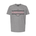 A heather gray short-sleeve t-shirt with a graphic on the chest featuring the word 'COWGIRL' in pink letters inside a distressed black and gray banner design with a star emblem above.