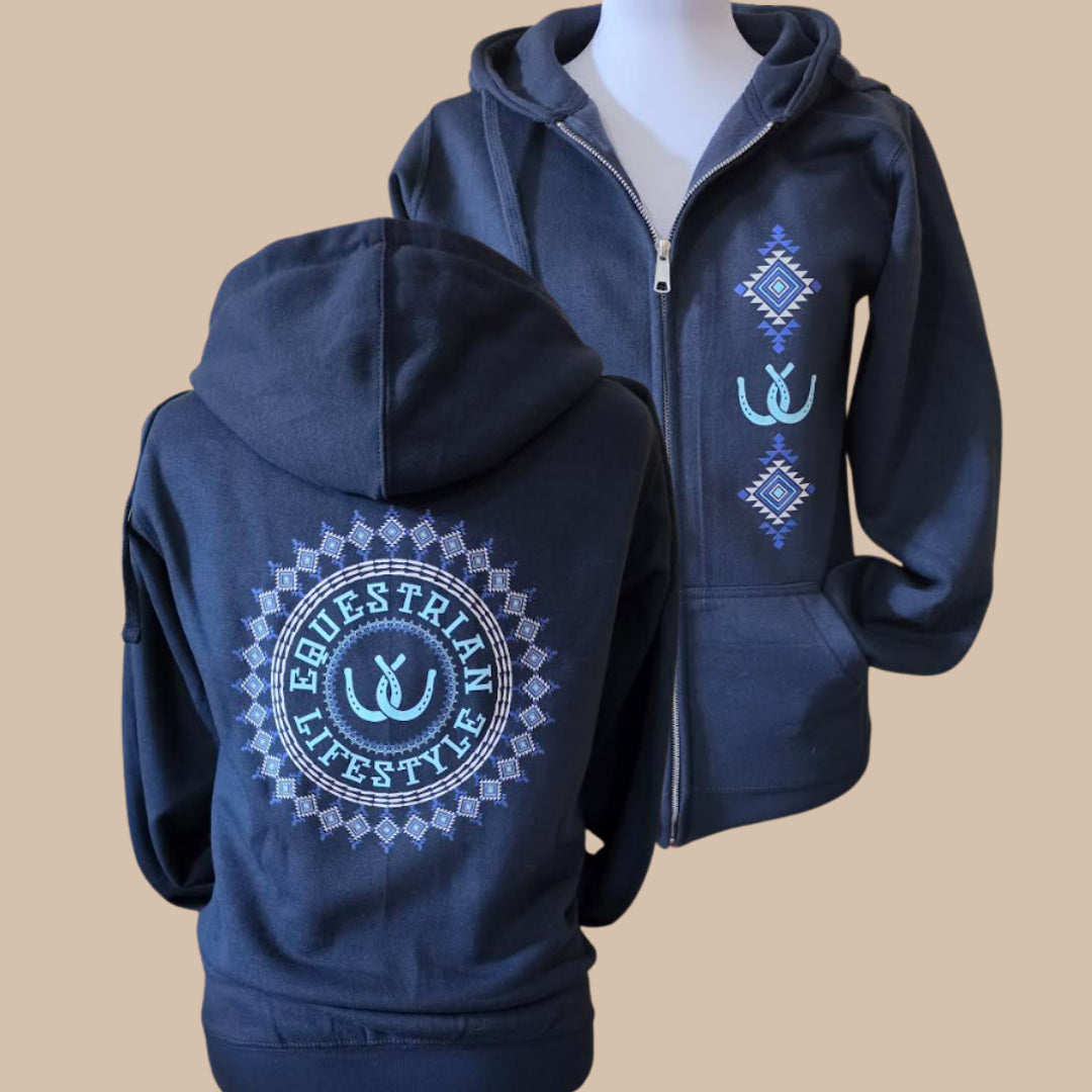 A navy blue zip-up hoodie shown from both front and back on a mannequin against a solid beige background. The front features a vertical pattern of blue and white geometric and horse-head motifs on the left chest.
