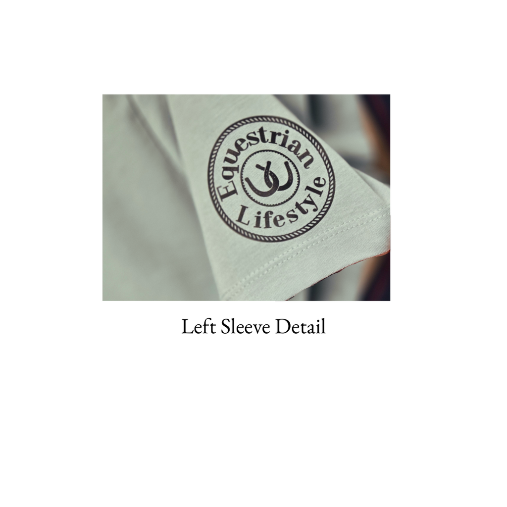 Close-up of a light gray sleeve with a circular embroidered logo reading 'Equestrian Lifestyle' in dark gray/black thread, with the text 'Left Sleeve Detail' below on a white background.