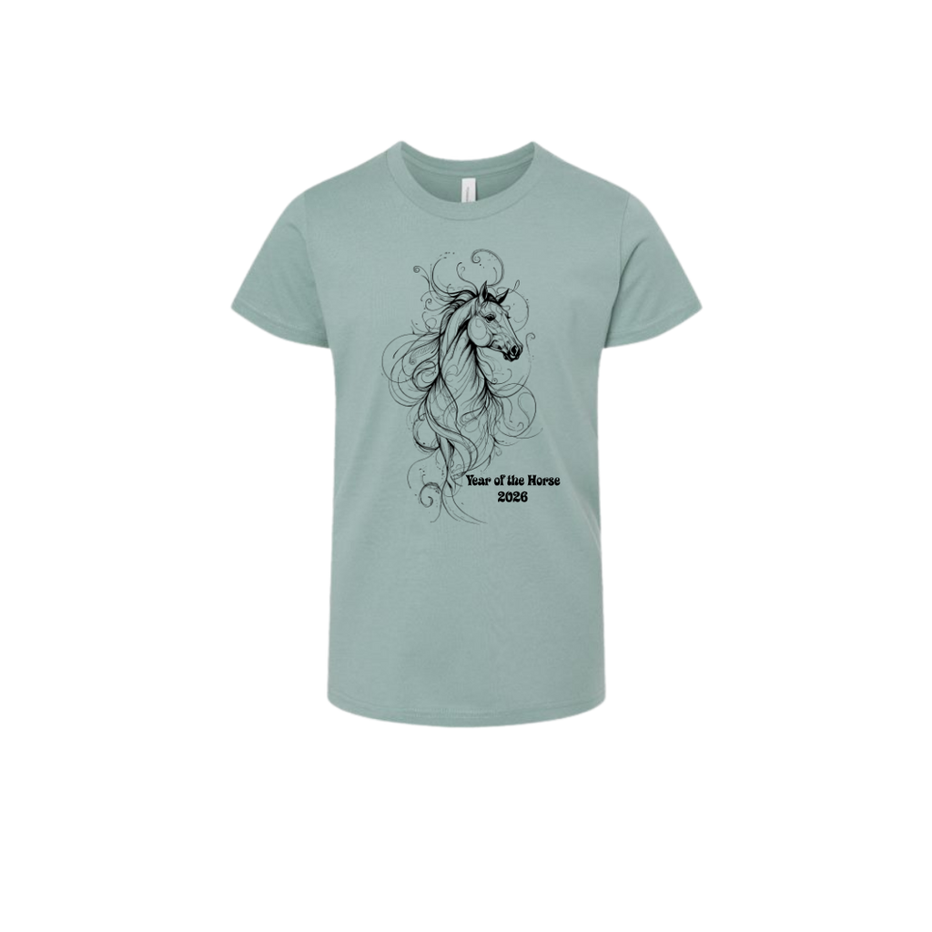 A light sage green short-sleeve t-shirt with a black line art graphic of a horse and the text 'Year of the Horse 2026' printed on the front, shown against a plain white background.