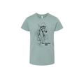 A light sage green short-sleeve t-shirt with a black line art graphic of a horse and the text 'Year of the Horse 2026' printed on the front, shown against a plain white background.