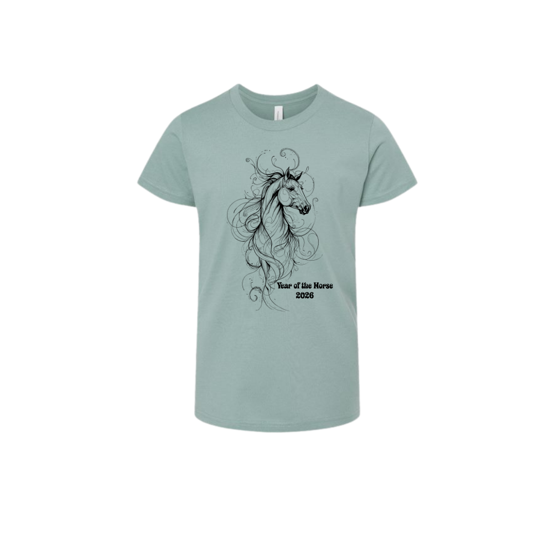 A light sage green short-sleeve t-shirt with a black line art graphic of a horse and the text 'Year of the Horse 2026' printed on the front, shown against a plain white background.
