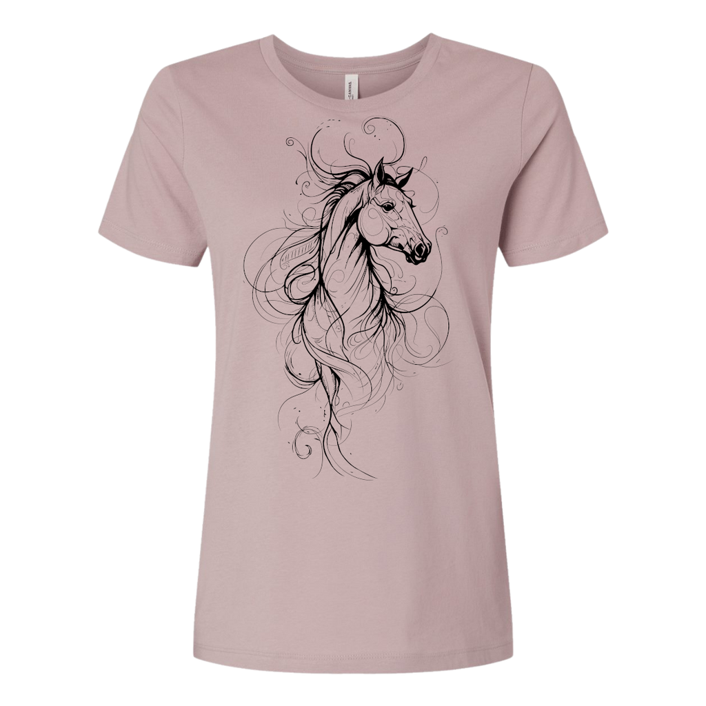 A dusty pink short-sleeve crewneck t-shirt featuring a black line art graphic of a horse head with flowing hair on the front, displayed on a clean white background.