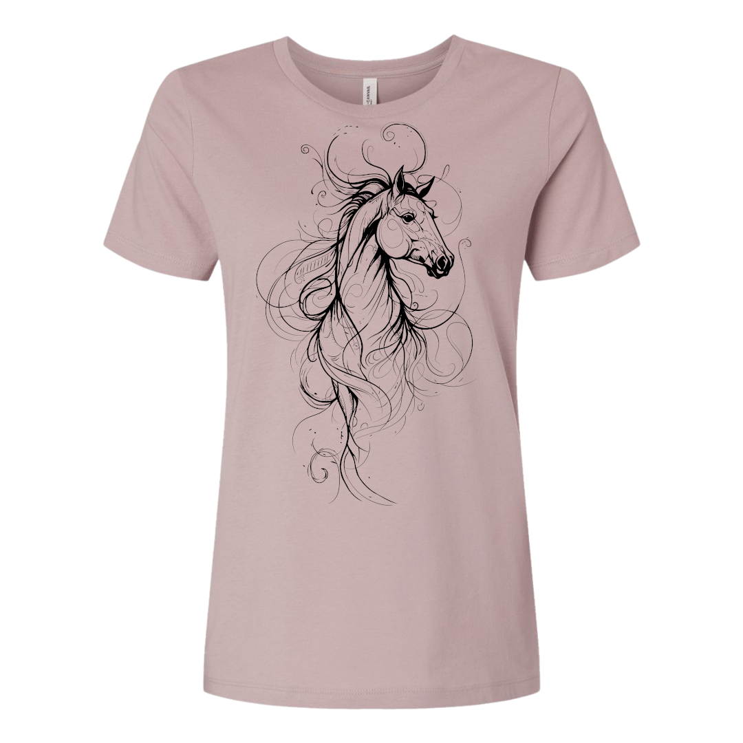 A dusty pink short-sleeve crewneck t-shirt featuring a black line art graphic of a horse head with flowing hair on the front, displayed on a clean white background.