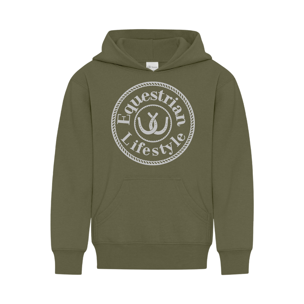 An olive green pullover hoodie with a white circular graphic on the chest that reads 'Equestrian Lifestyle' around a central horseshoe emblem, shown against a plain white background.