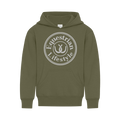 An olive green pullover hoodie with a white circular graphic on the chest that reads 'Equestrian Lifestyle' around a central horseshoe emblem, shown against a plain white background.