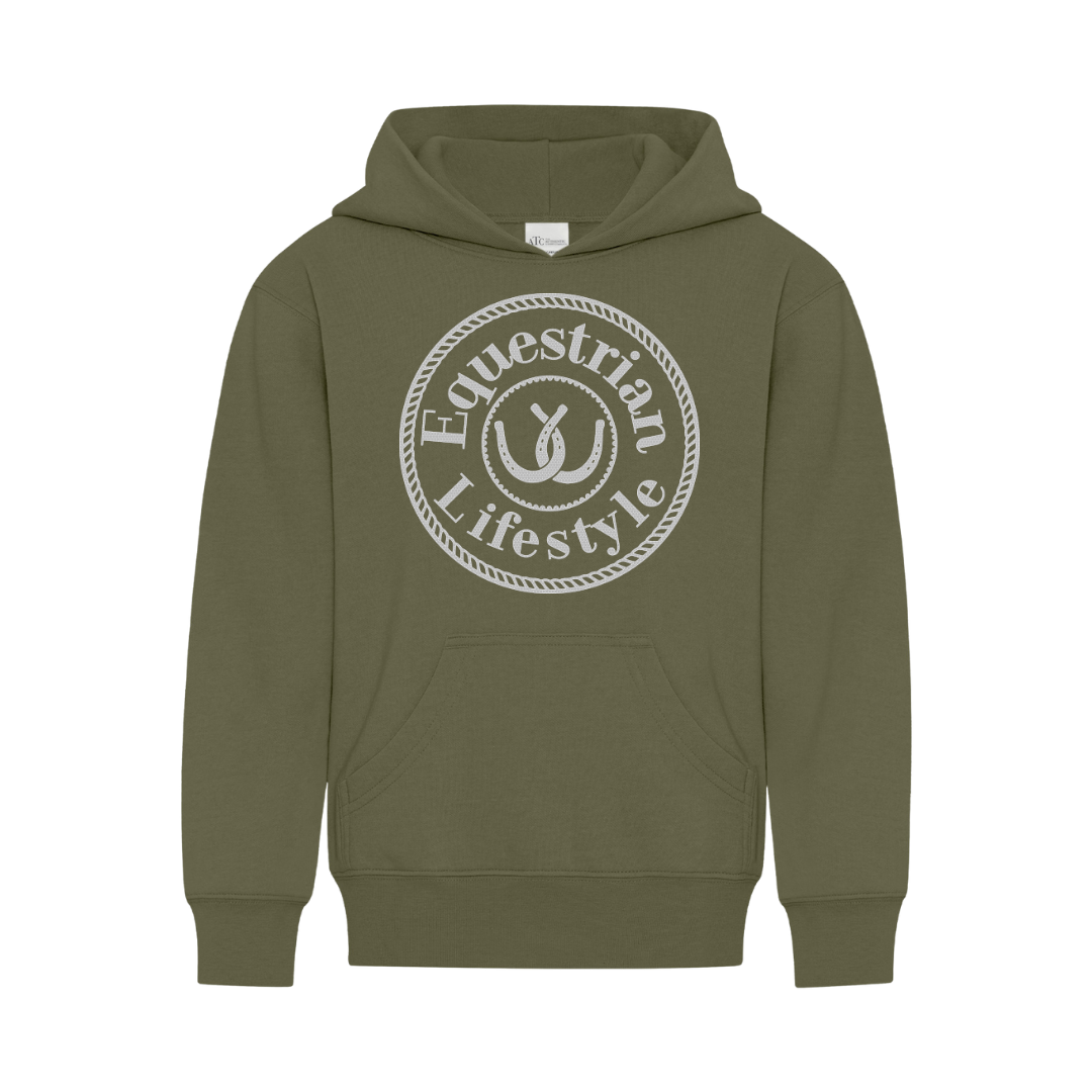 An olive green pullover hoodie with a white circular graphic on the chest that reads 'Equestrian Lifestyle' around a central horseshoe emblem, shown against a plain white background.