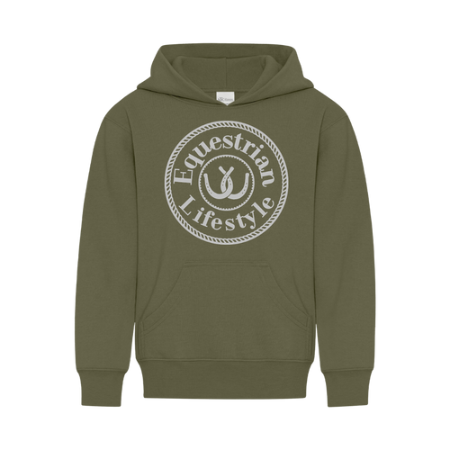 An olive green pullover hoodie with a white circular graphic on the chest that reads 'Equestrian Lifestyle' around a central horseshoe emblem, shown against a plain white background.