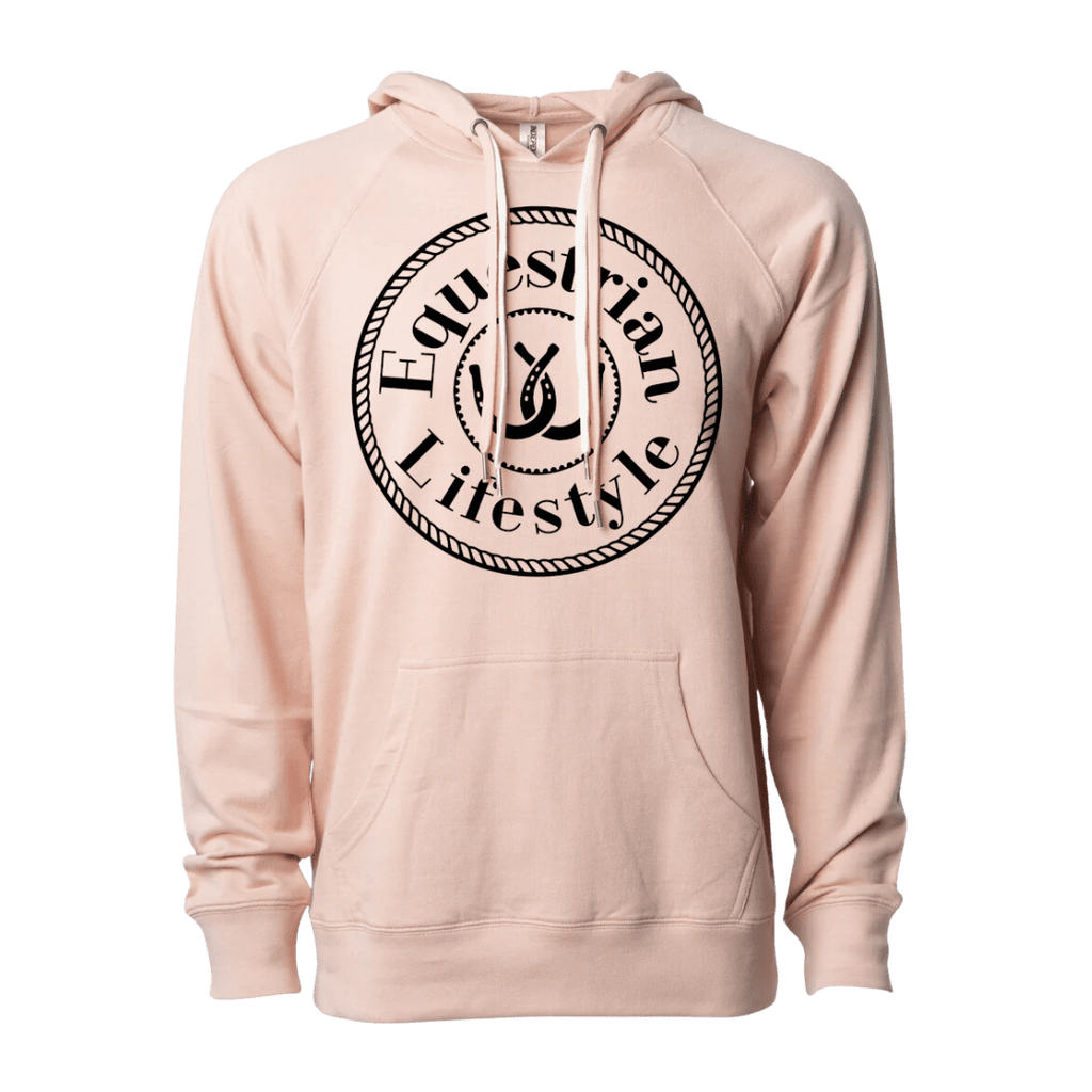 A light peach-pink pullover hoodie with a black circular graphic on the chest reading 'Equestrian Lifestyle' around a horseshoe, shown on a plain white background.