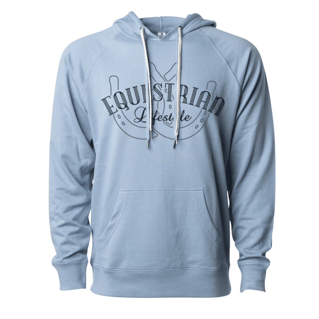 Sweat à capuche léger Equestrian Lifestyle – Phrase Fer à cheval bleu brumeux