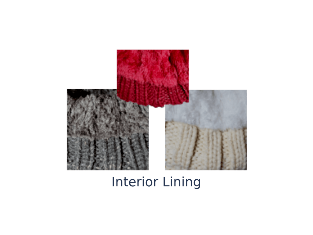 Three inset close-up photos showing knit interior lining options in red, gray, and cream, with the text 'Interior Lining' below on a white background.
