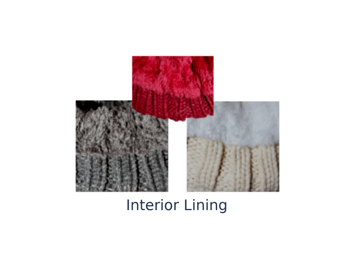 Three inset close-up photos showing knit interior lining options in red, gray, and cream, with the text 'Interior Lining' below on a white background.