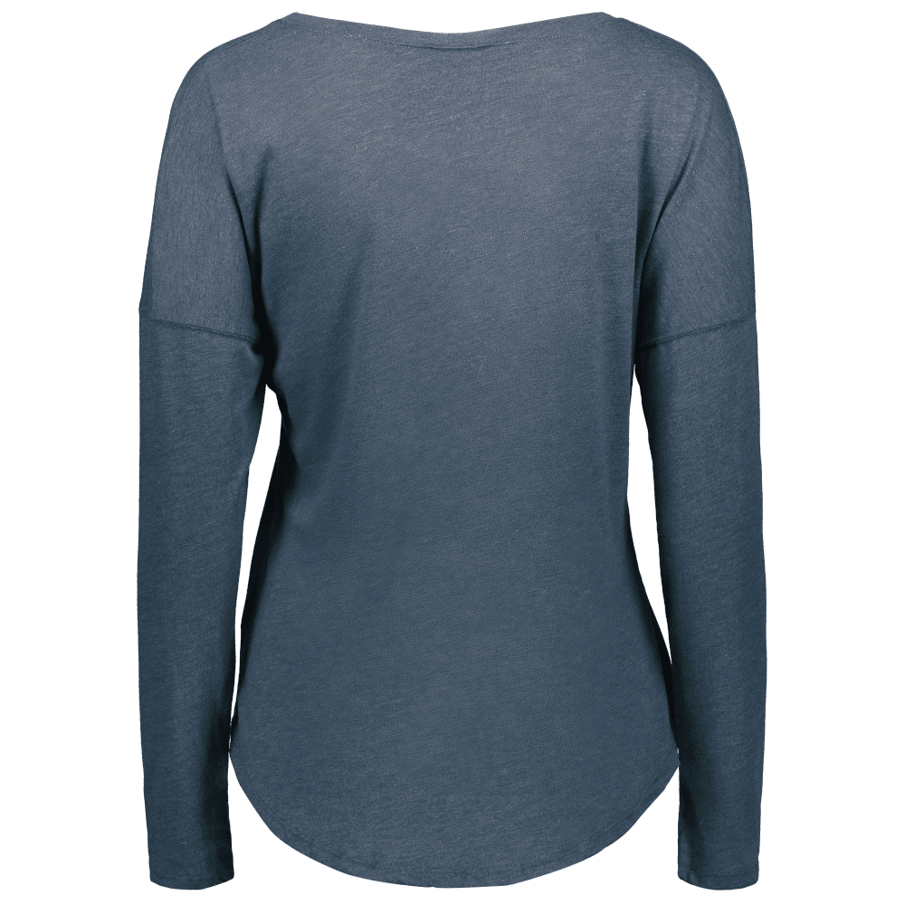 A women's long-sleeve top in a heathered slate blue color, shown from the back against a plain white background.