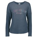 A women's heathered slate blue long-sleeve t-shirt with a 'Equestrian Lifestyle' graphic on the chest, displayed on a clean white background.
