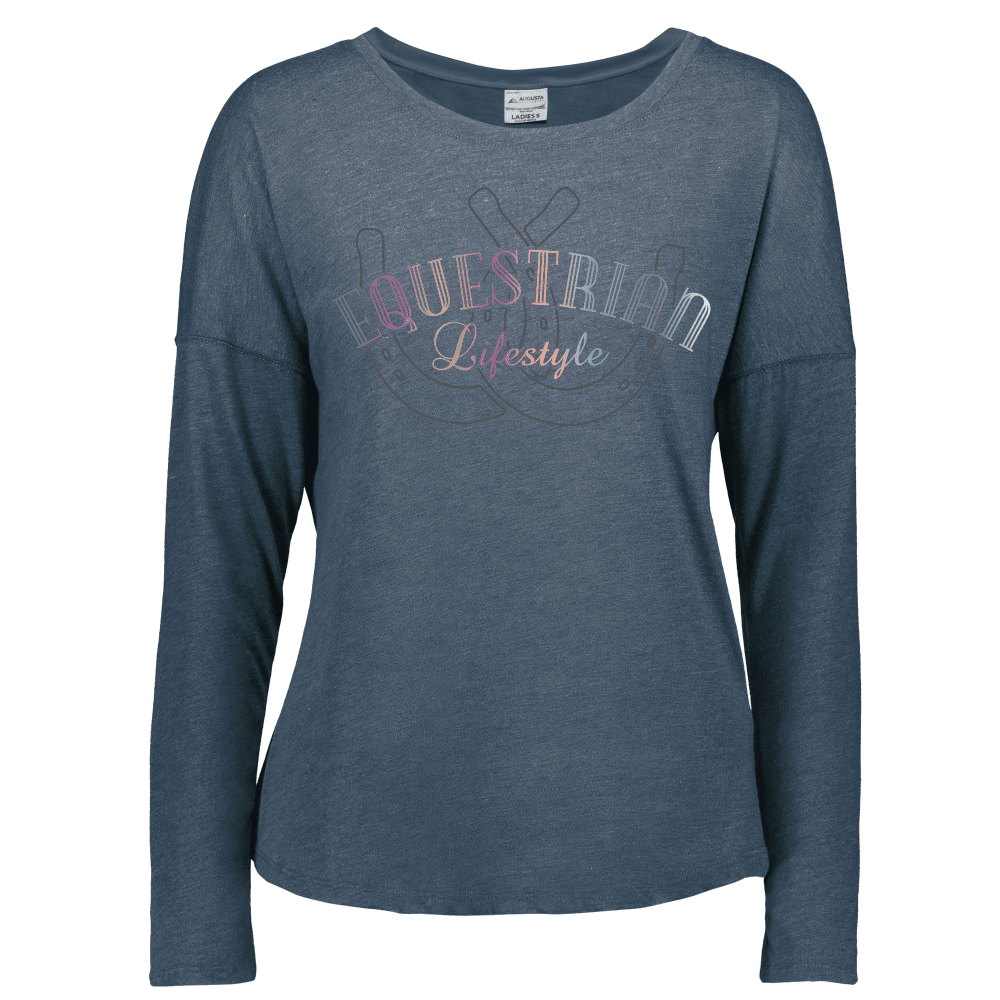 A women's heathered slate blue long-sleeve t-shirt with a 'Equestrian Lifestyle' graphic on the chest, displayed on a clean white background.