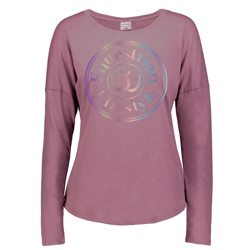 A women's long-sleeve crewneck t-shirt in a dusty rose or mauve color, featuring a large circular graphic on the chest with the words 'Equestrian Lifestyle' in a holographic, iridescent finish.