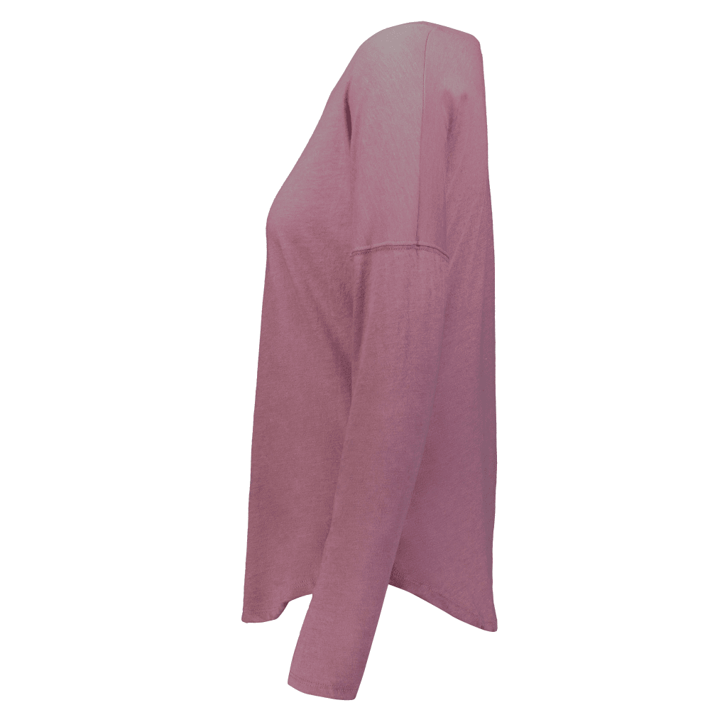 A dusty rose pink knit long-sleeve top shown from a side profile view against a solid white background.
