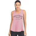 A woman modeling a heather pink sleeveless tank top with 'EQUESTRIAN Lifestyle' and 'It's Better at the Barn' printed on the front, paired with black leggings against a plain white background.