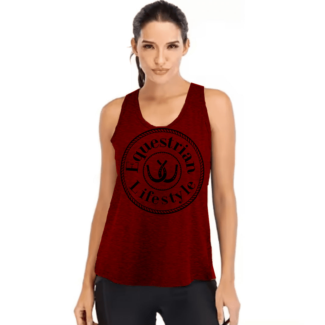 A woman modeling a sleeveless racerback tank top in deep maroon red with a black circular 'Equestrian Lifestyle' graphic printed on the chest, set against a plain white background.