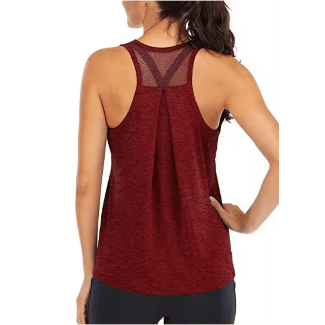 A woman shown from the back wearing a heathered burgundy racerback tank top with a mesh back panel, paired with black leggings, against a plain white background.
