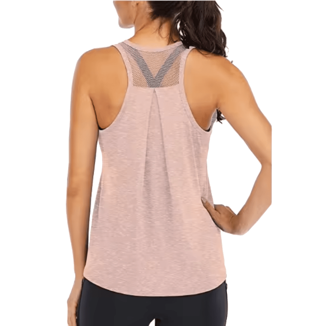 Rear view of a woman wearing a heathered light pink athletic tank top with a mesh V-back design, paired with black leggings, against a plain white background.