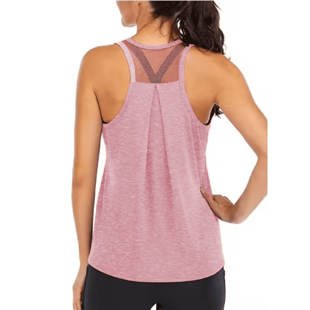 A woman shown from the back wearing a heathered pink athletic racerback tank top with a mesh V-back design, paired with black leggings, against a plain white background.