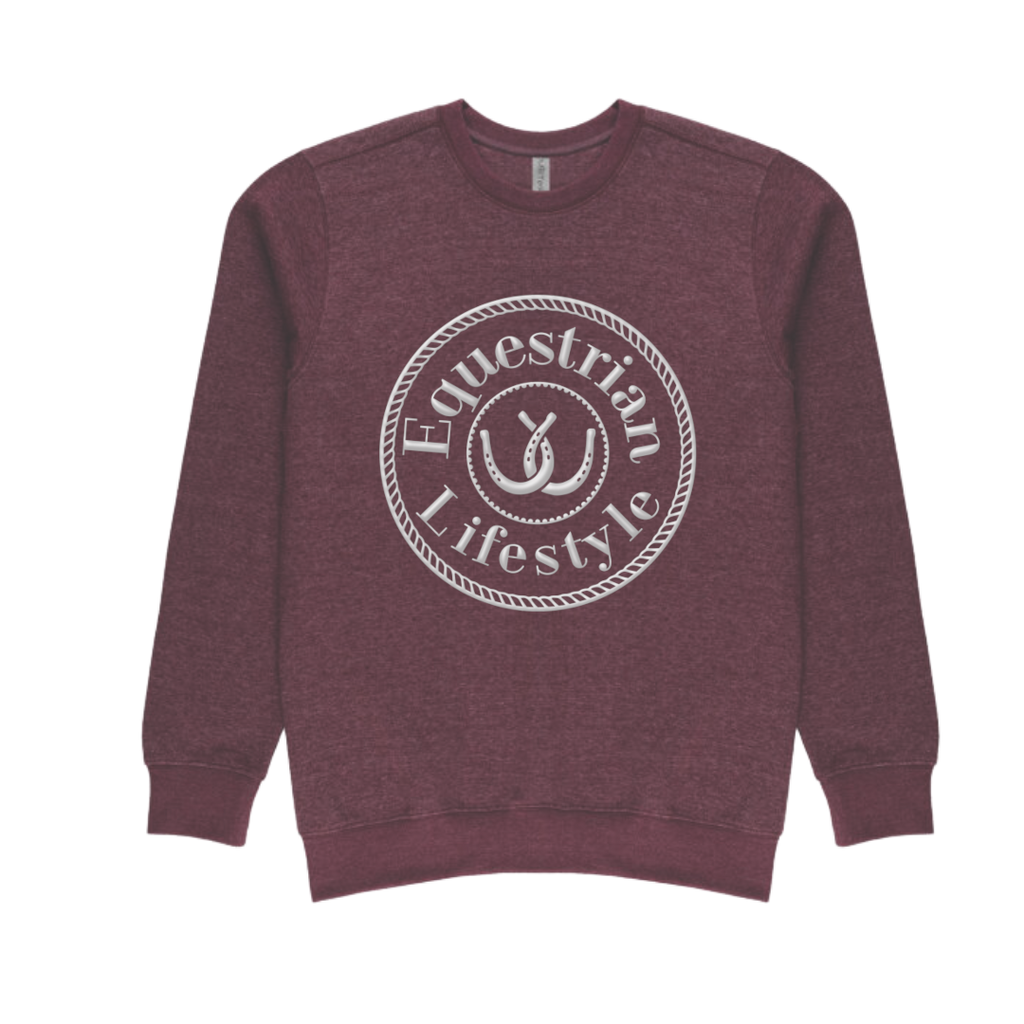 A heathered maroon crewneck sweatshirt featuring a white circular graphic on the chest that reads 'Equestrian Lifestyle' around a horseshoe illustration, displayed against a solid white background.