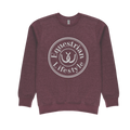 A heathered maroon crewneck sweatshirt featuring a white circular graphic on the chest that reads 'Equestrian Lifestyle' around a horseshoe illustration, displayed against a solid white background.