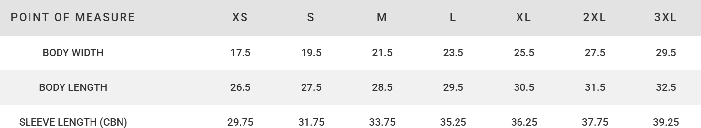 A size chart table showing measurements for clothing sizes XS through 3XL, with columns for Point of Measure, XS, S, M, L, XL, 2XL, and 3XL. Rows include Body Width, Body Length, and Sleeve Length (CBN) in numeric values.