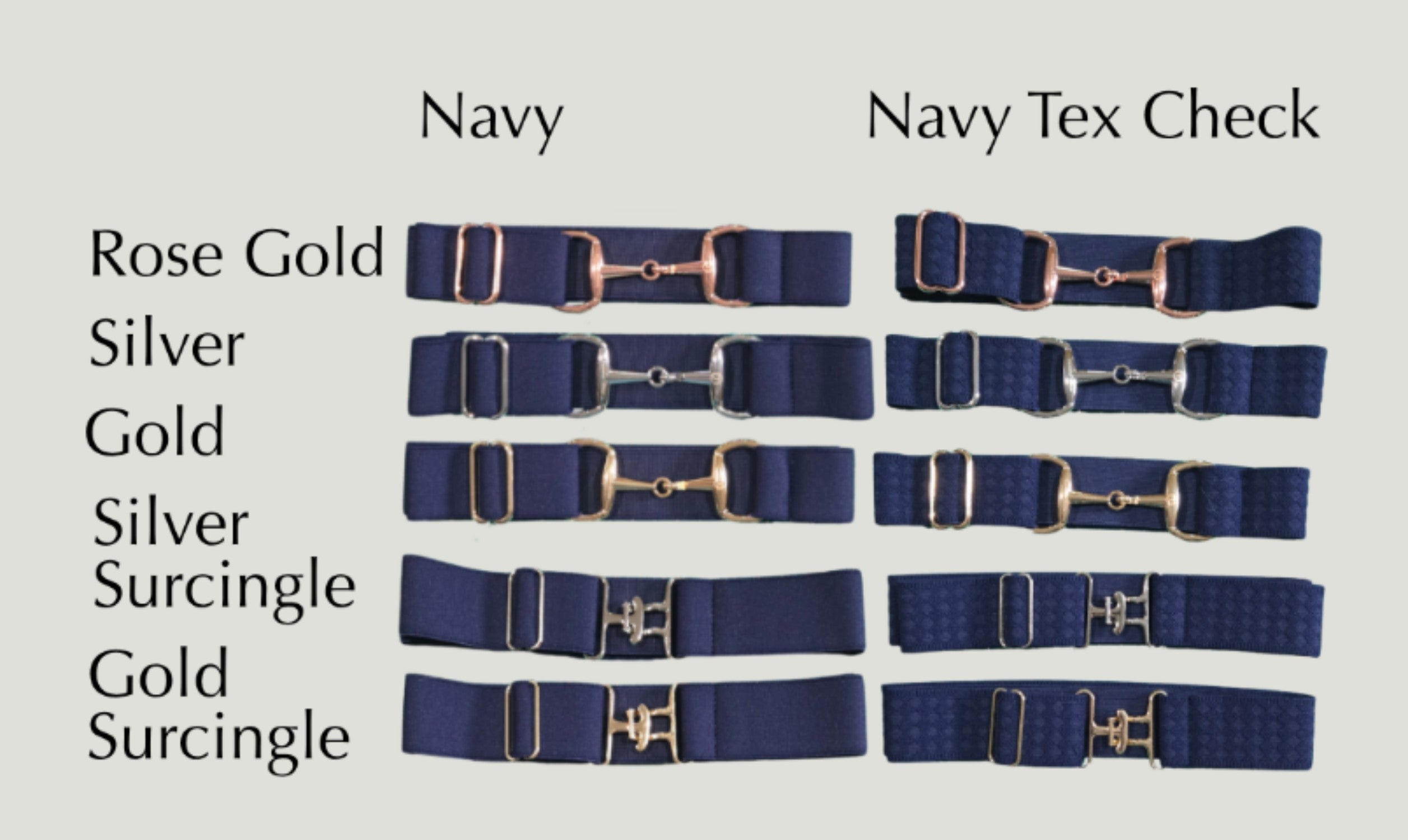A comparison chart showing navy blue equestrian beltsl with different metal hardware finishes labeled Rose Gold, Silver, and Gold, presented in two columns under the headings 'Navy' and 'Navy Tex Check'.