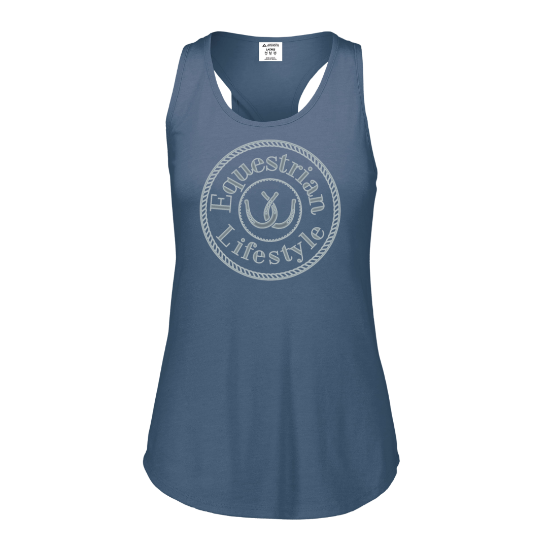 A slate blue racerback tank top featuring a circular white graphic on the chest that reads 'Equestrian Lifestyle' with a horseshoe symbol in the center, displayed on a solid white background.