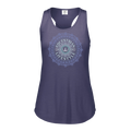 A women's racerback tank top in heathered periwinkle purple, featuring a circular mandala graphic on the chest with the words 'EQUESTRIAN LIFESTYLE' and a small horseshoe logo in the center. The tank is displayed on a clean white background.