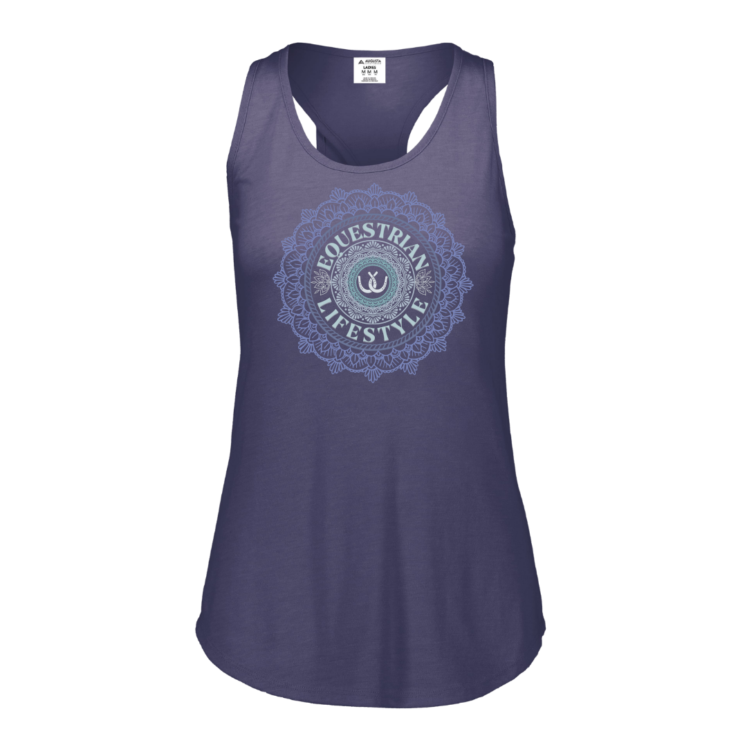 A women's racerback tank top in heathered periwinkle purple, featuring a circular mandala graphic on the chest with the words 'EQUESTRIAN LIFESTYLE' and a small horseshoe logo in the center. The tank is displayed on a clean white background.