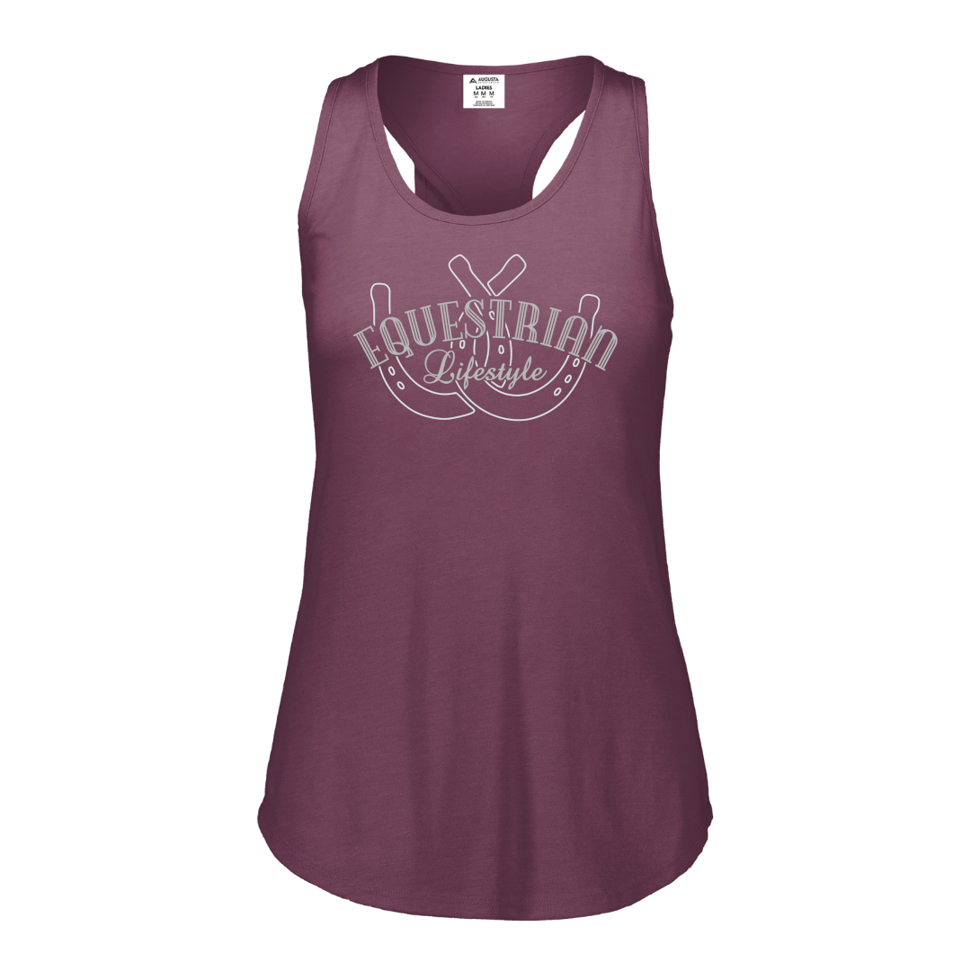 A women's racerback tank top in heathered plum purple with a white graphic on the chest reading 'Equestrian Lifestyle' over a horseshoe, shown on a plain white background.