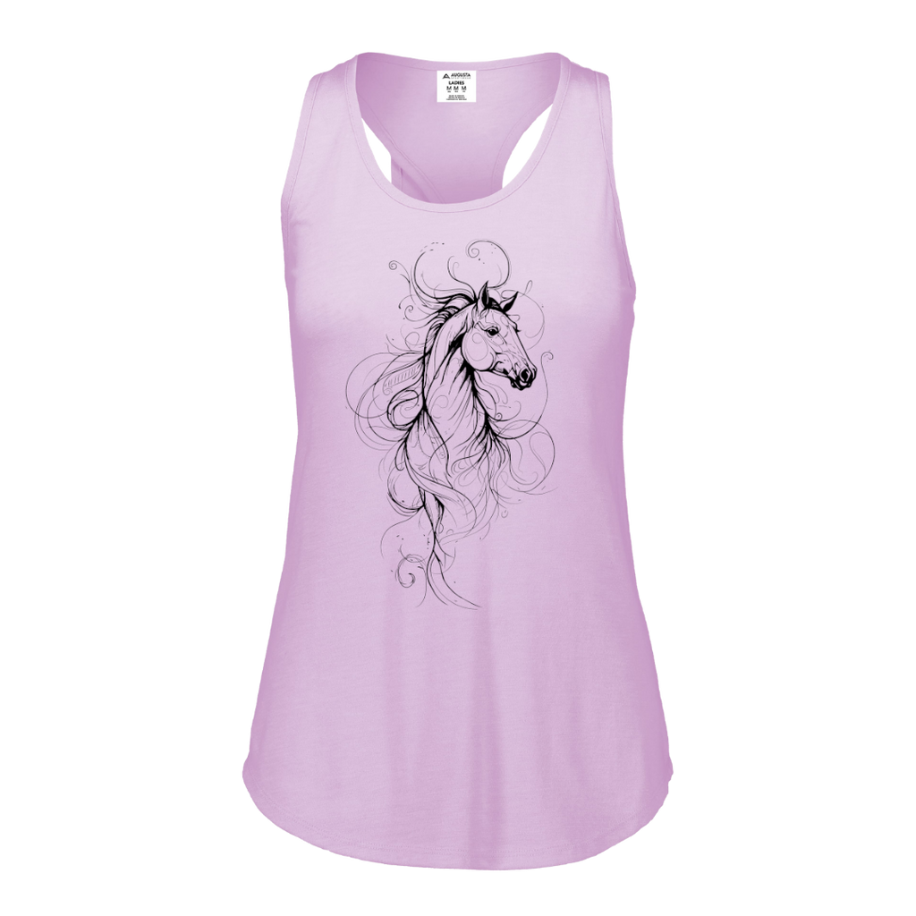 A light purple racerback tank top featuring a black line art graphic of a horse with flowing hair on the front, displayed against a solid white background.