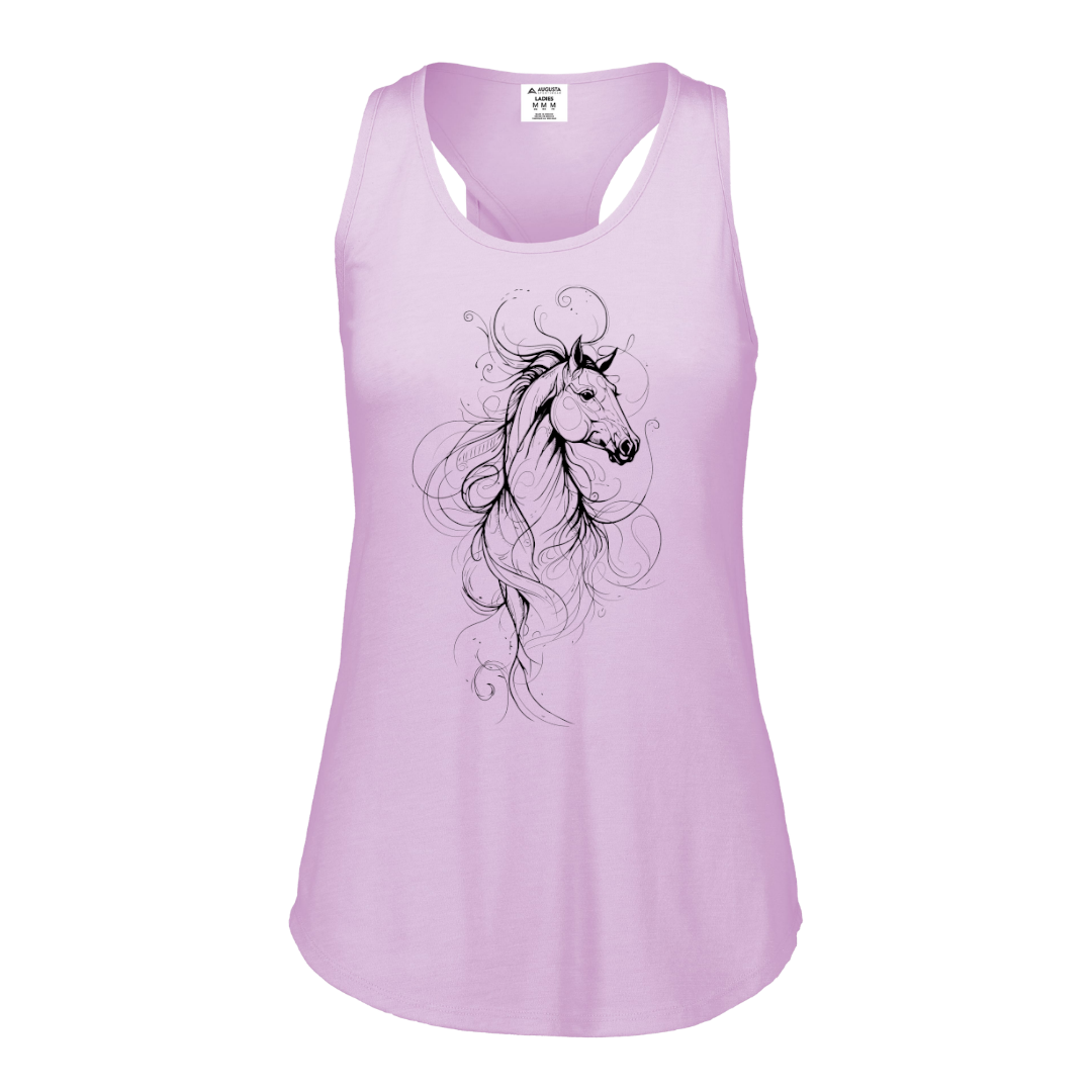 A light purple racerback tank top featuring a black line art graphic of a horse with flowing hair on the front, displayed against a solid white background.