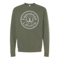An olive green crewneck sweatshirt featuring a distressed white circular graphic on the chest that reads 'Equestrian Lifestyle' with a horseshoe symbol in the center.