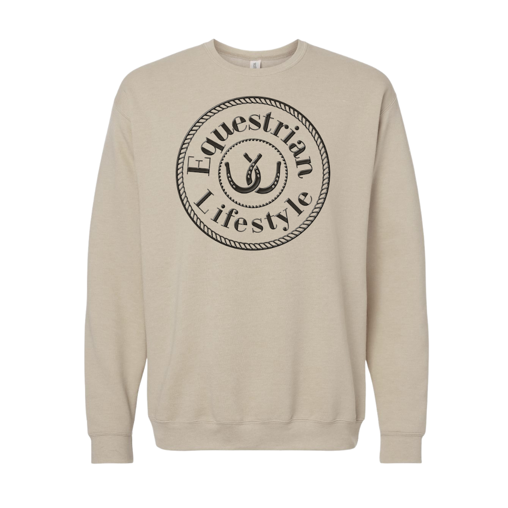 A beige crewneck sweatshirt featuring a black circular graphic on the chest with the words 'Equestrian Lifestyle' and a horseshoe illustration.