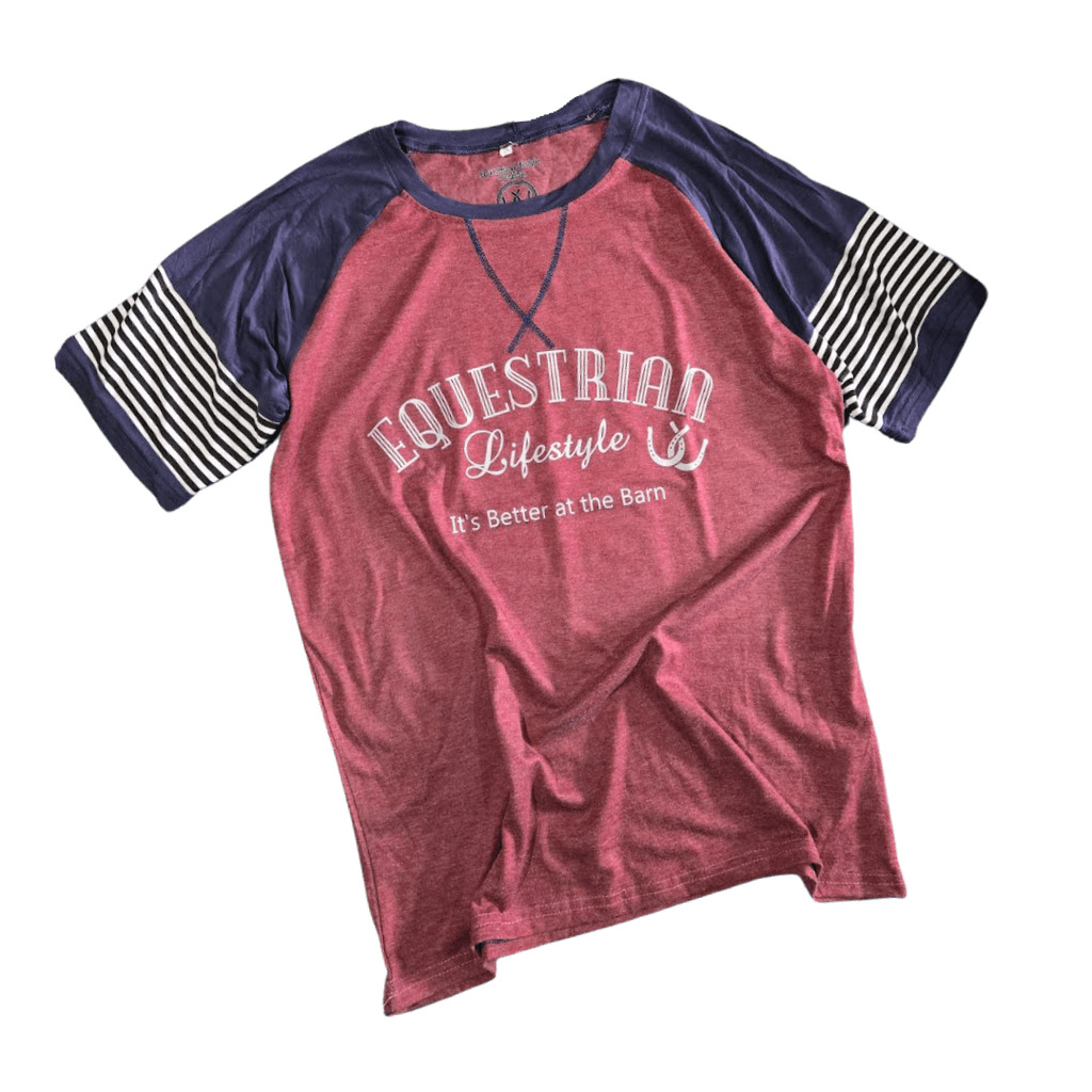 A heathered red raglan t-shirt with navy blue sleeves and striped cuffs, featuring 'EQUESTRIAN Lifestyle' printed in white on the front.