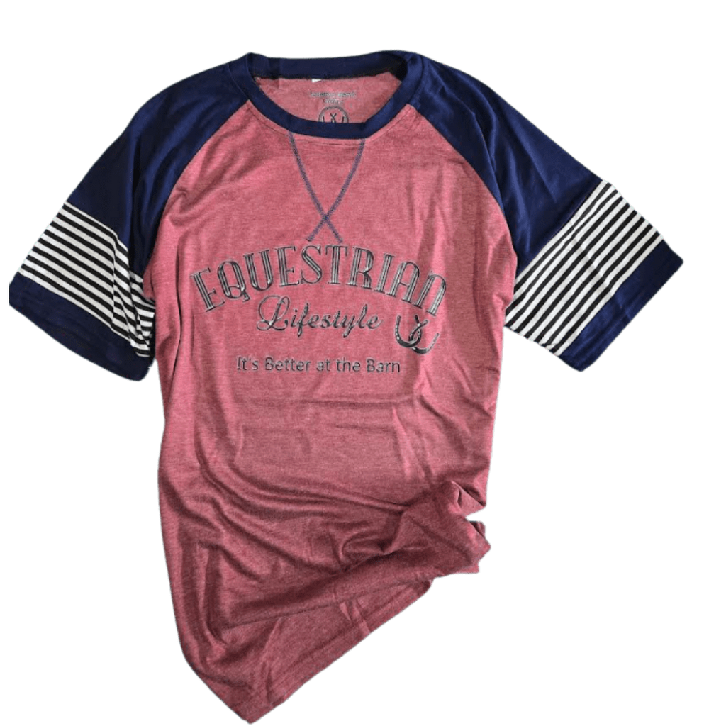 A heathered pink and navy raglan baseball t-shirt with 'Equestrian Lifestyle' printed on the front, featuring navy blue sleeves with white stripes.