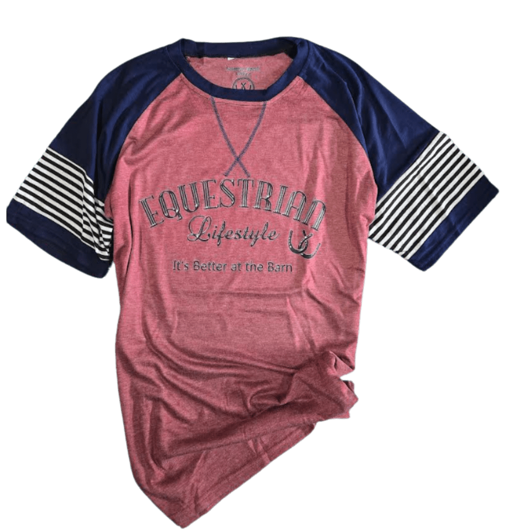 A heathered pink and navy raglan baseball t-shirt with 'Equestrian Lifestyle' printed on the front, featuring navy blue sleeves with white stripes.