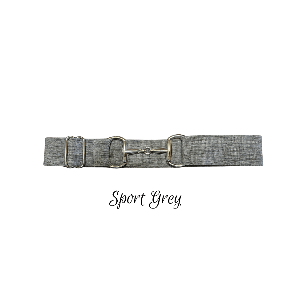 A grey textured fabric belt with silver-tone metal hardware, including a horsebit buckle and D-rings, displayed on a white background with 'Sport Grey' text below.