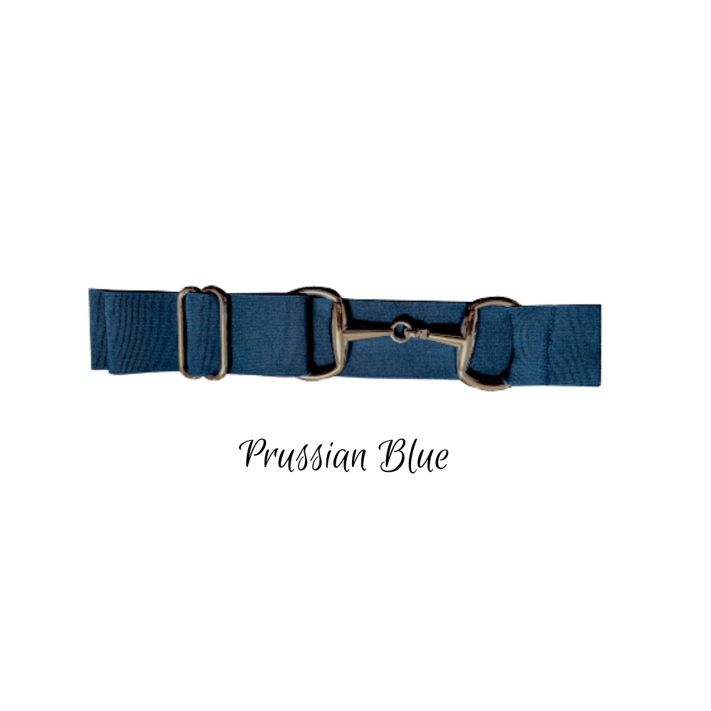 A blue horse belt with a silver-tone metal bit and adjustable buckle, shown on a plain white background with the text 'Prussian Blue' underneath.