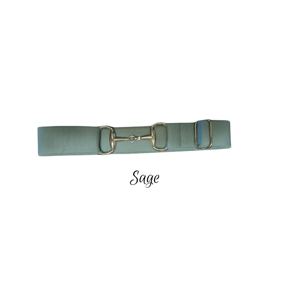 A textured sage horse belt with silver-toned metal hardware, including a central snaffle and side rings, displayed on a plain white background with the text 'sage' underneath.