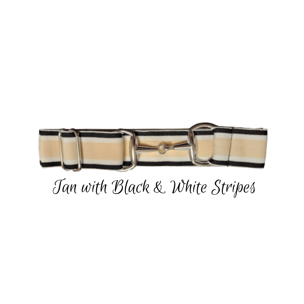 A tan belt with black and white stripes, featuring a silver-toned metal buckle and loops, shown against a plain white background with the text 'Tan with Black & White Stripes' below it.