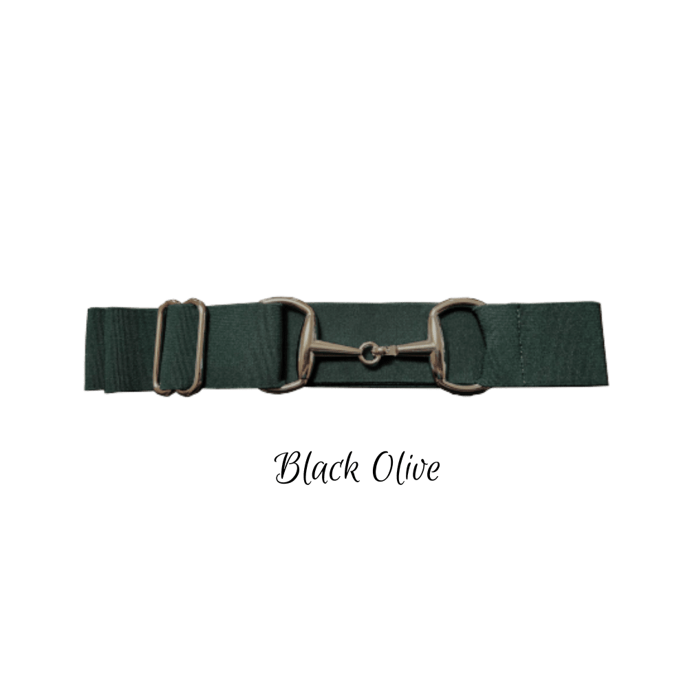 A dark olive green horse belt with a silver-toned metal horsebit buckle, displayed on a clean white background with the text 'Black Olive' underneath.