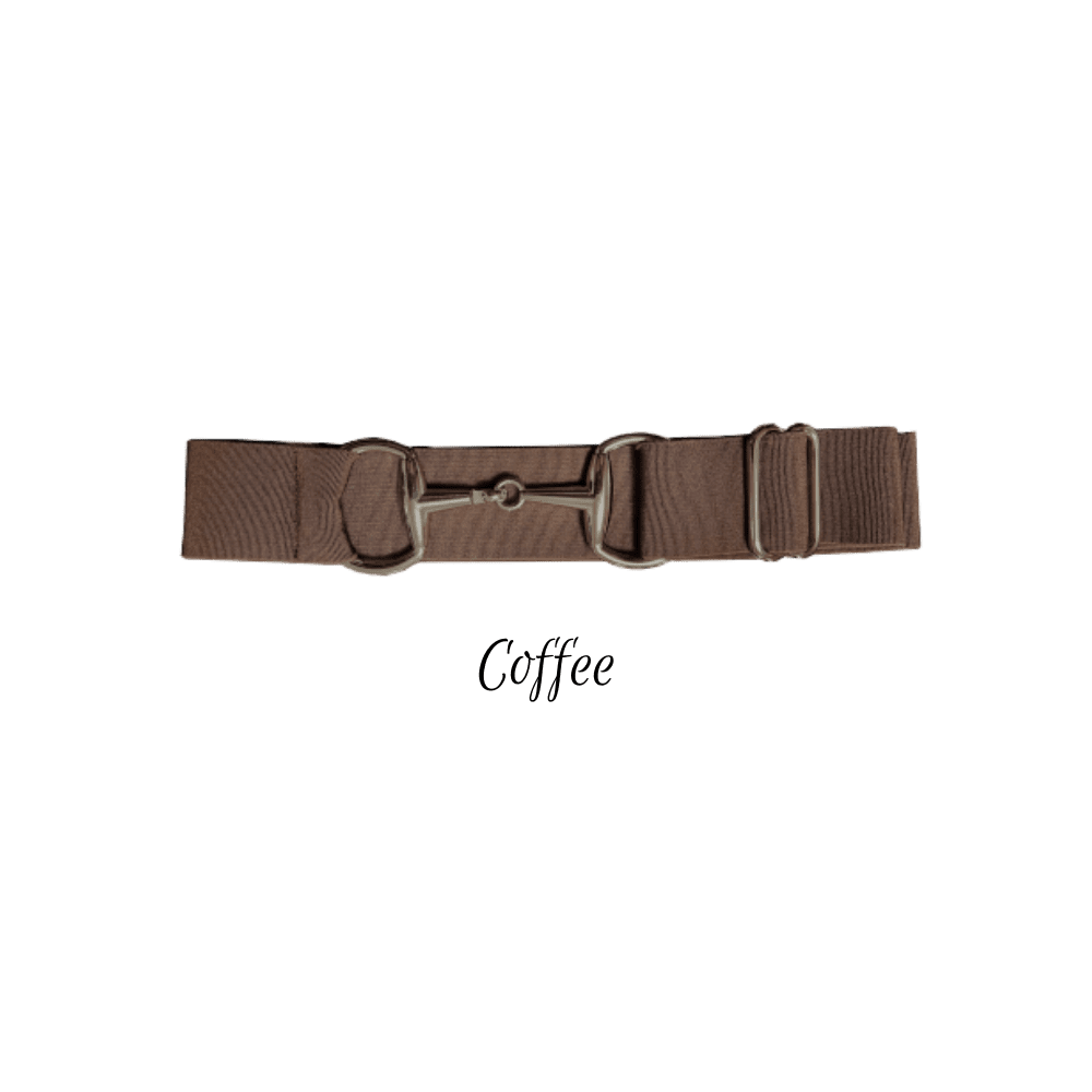 A brown nylon web belt with a dark metal buckle, shown against a plain white background with the word 'Coffee' written below.