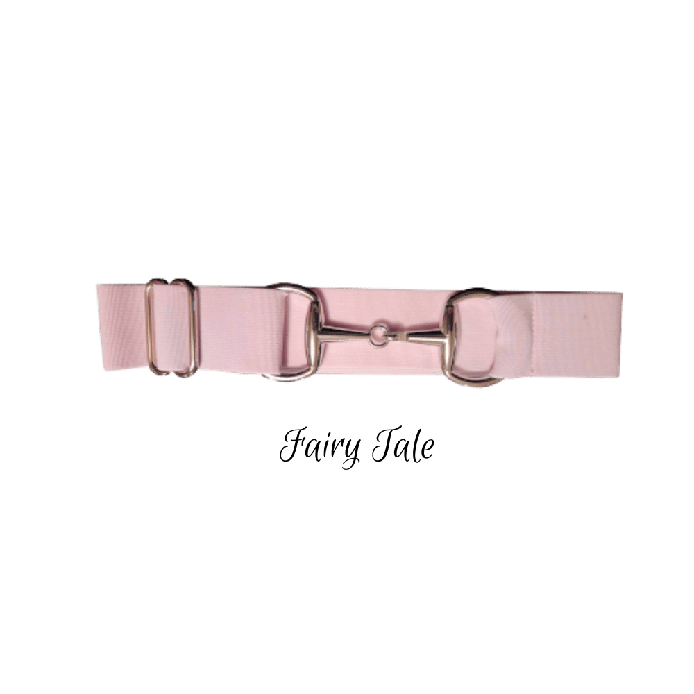A light pink horse collar with a polished silver-tone metal bit and D-rings, displayed against a solid white background with the brand name 'Fairy Tale' printed below.