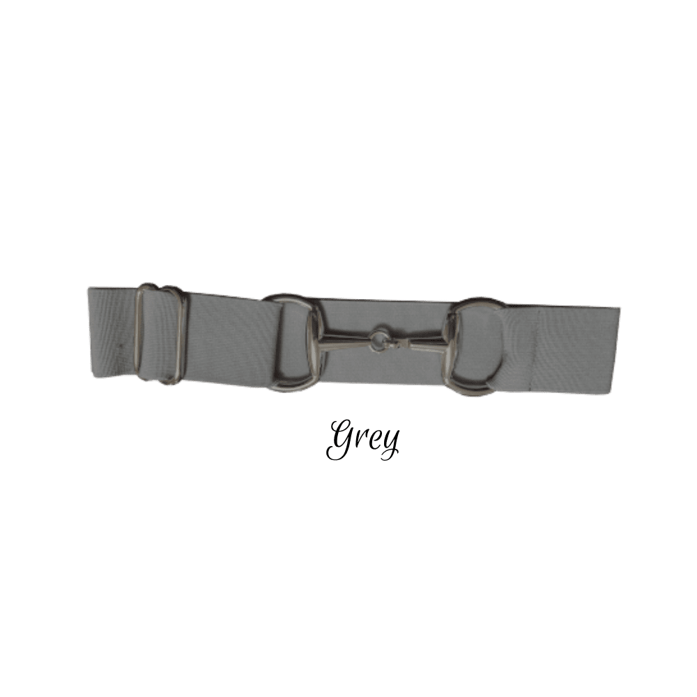 A grey horse belt with silver-toned metal hardware, including a central snaffle and side rings, displayed on a plain white background with the text 'grey' underneath.
